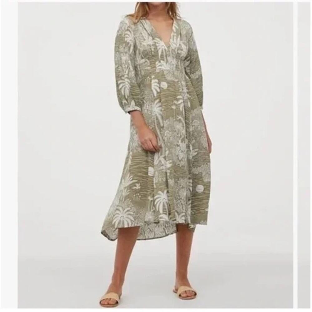 Desmond & Dempsey x H&M Womens Green Tropical Flowy Linen Dress Sz 6 Resort
